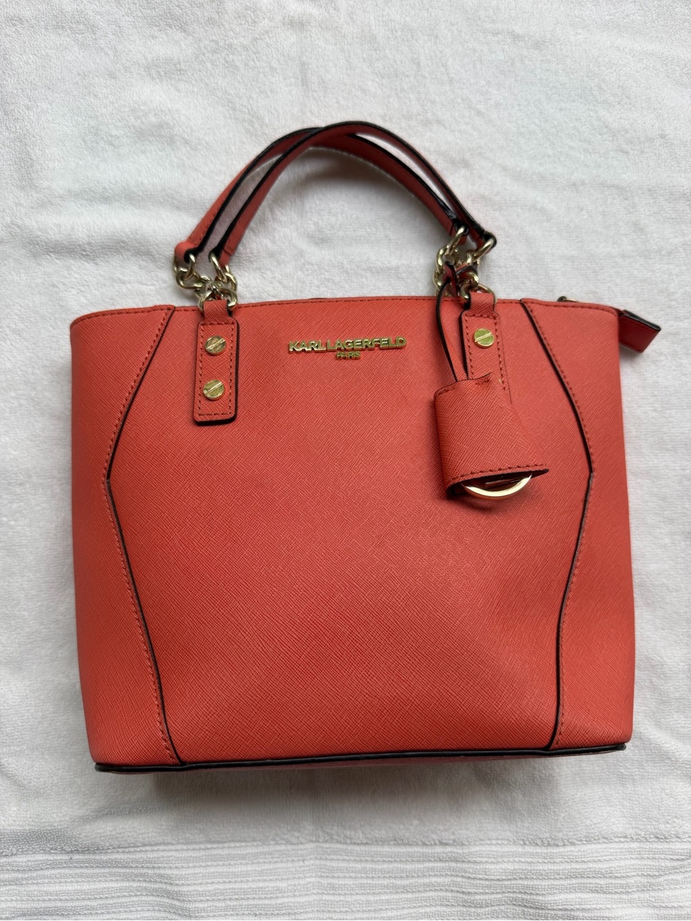 Karl Lagerfeld Coral-Orange Structured Tote with Gold Hardware